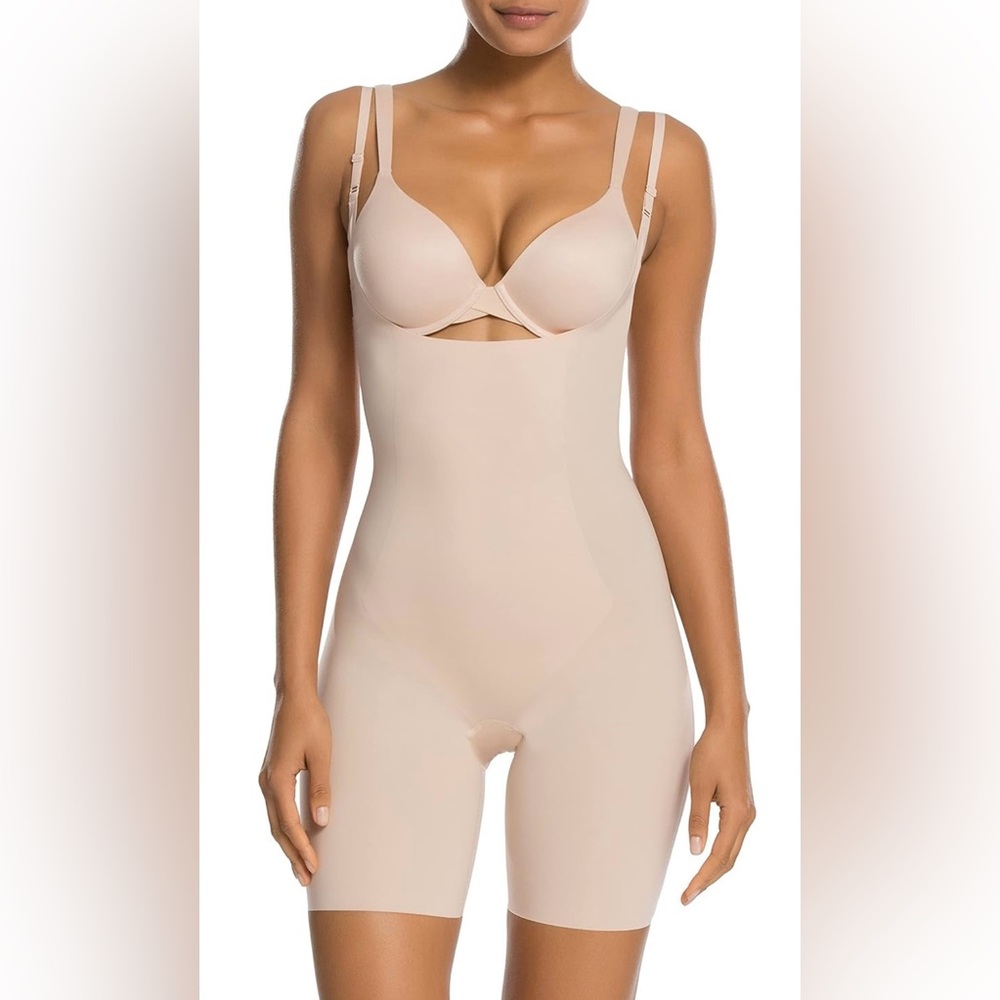 Authentic SPANX shapewear Thinstincts open-bust mid-thigh bodysuit, in soft nude
